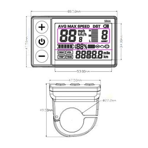 Cunyuer Electric LCD Display Meter, S866 Bike Display, 24V 36V 48V Bike Speedometer with Plug for Electric Scooter 22.2mm/0.9in Handlebars