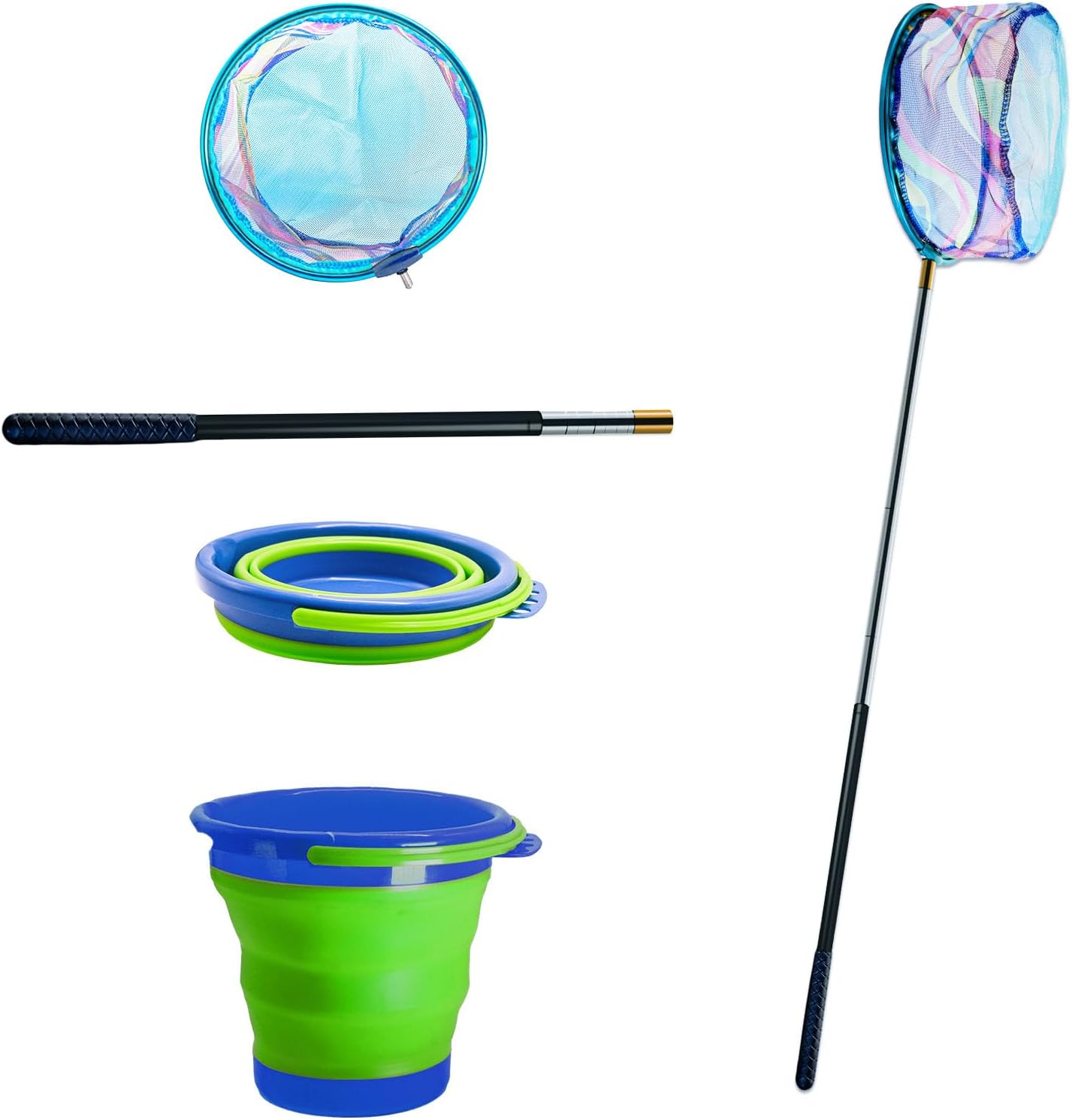 2PCS Kids Fishing Nets with Bucket - Telescoping Handle Retractable Landing Net Lightweight Aluminum Pole for Catch and Release Frog, Minnow, Butterfly, Crab, Beach and Creek Outdoor