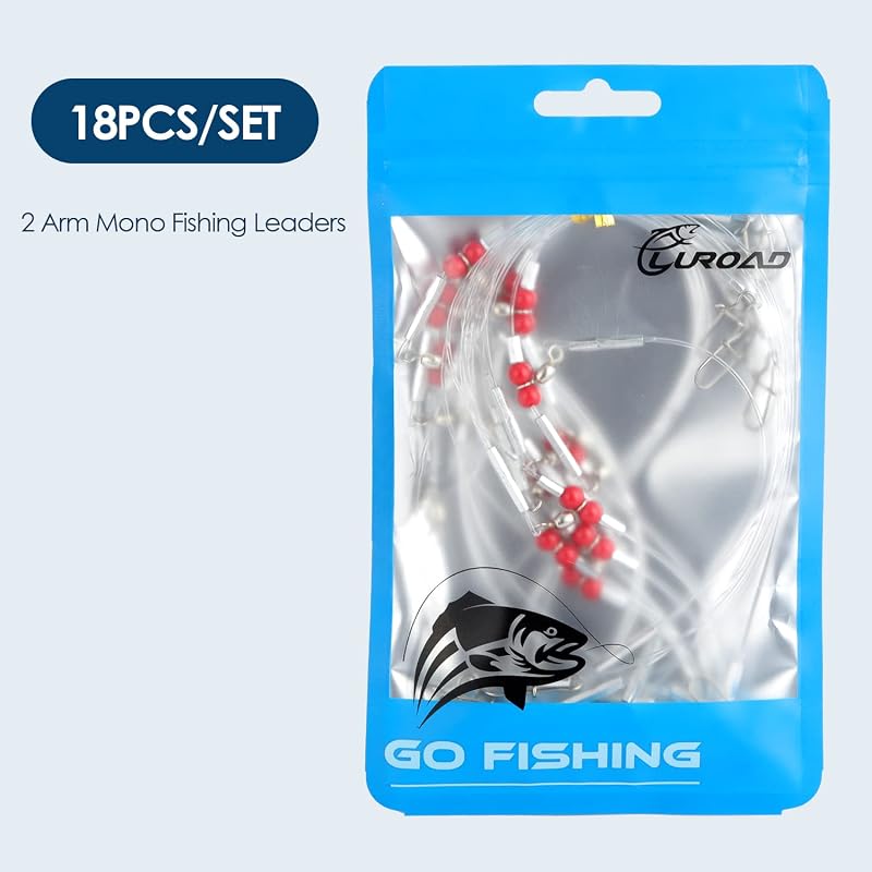 Luroad 18pc Fishing Leader Rig Set with 50lb Mainline, 20lb Arm, Swivels & Crimps - 2-Arm Red