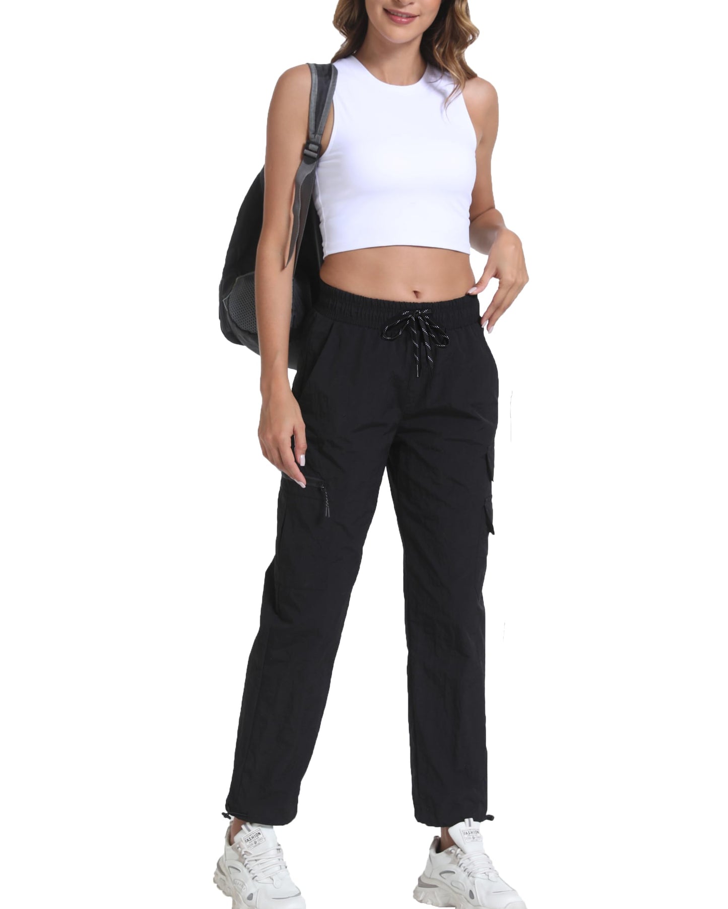 Womens Hiking Pants Water Resistant - Cargo Joggers for Women with Pockets Lightweight Quick Dry Travel Camping Pants(Cargo Dark Black, Medium)