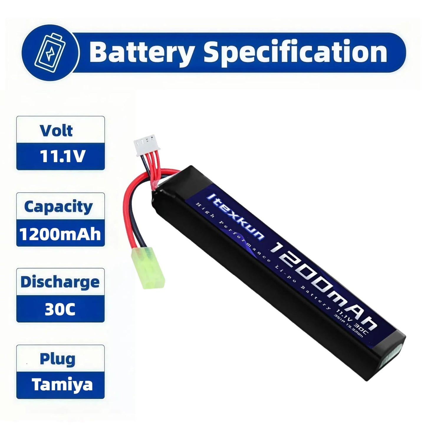 Itexkun 11.1V 3S 1200mAh 30C High Discharge Rate Tamiya Plug Airsoft Battery Lipo Battery Rechargeable 3S Lipo Battery for Airsoft Model Guns