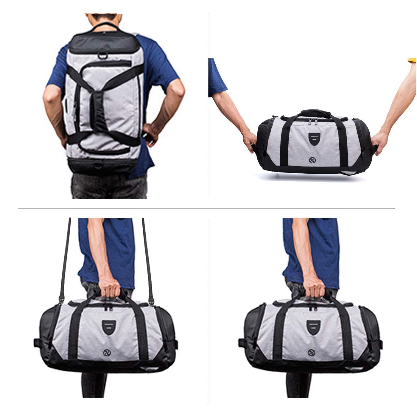 Gym Duffle Bag Backpack Waterproof Sports Duffel Bags Travel Weekender Bag for Men Women Overnight Bag with Shoes Compartment Grey
