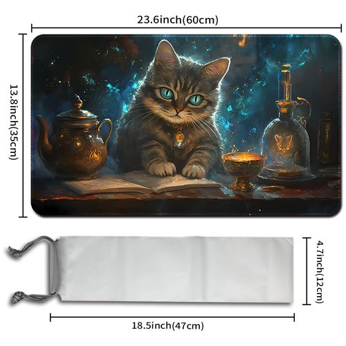 Playmat for MTG (Stitched) Size 24x14 inches, Including Storage playmat Bag - Very Suitable for Amateur Enthusiasts TCG MTG playmat and Card Areas(Researching Cats-No Zone)