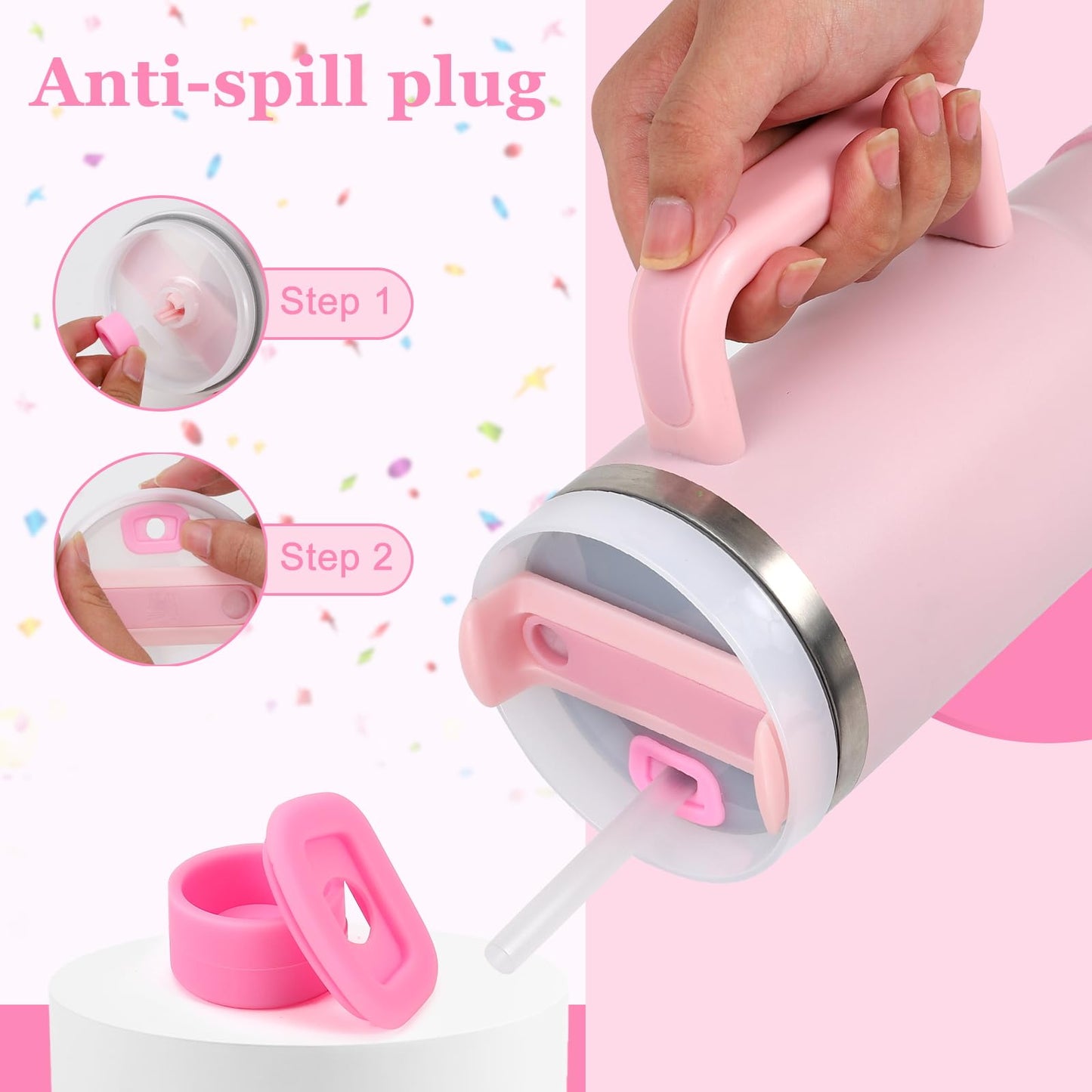15PCS Cup Accessories Set for Stanley Cup 30oz 40oz Tumbler with Handle, Including Silicone Straw Cover and Boot, Spill Proof Stopper, Stanley Charms, Handle Charm, Initials Sticker (Letter A, Pink)