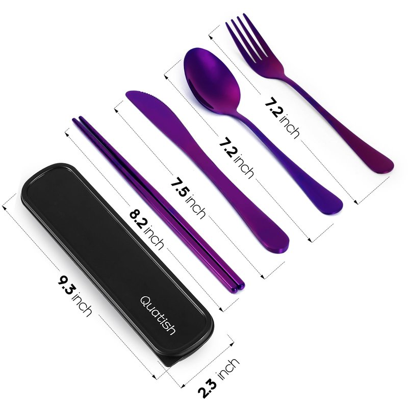 Travel Utensils with Case, Quatish 5 Piece Stainless Steel Silverware Set for Work, Portable Reusable Travel Cutlery Set, Fork and Spoon Set for Picnic, Camping, Gadgets, Lunch Box for Men, Purple