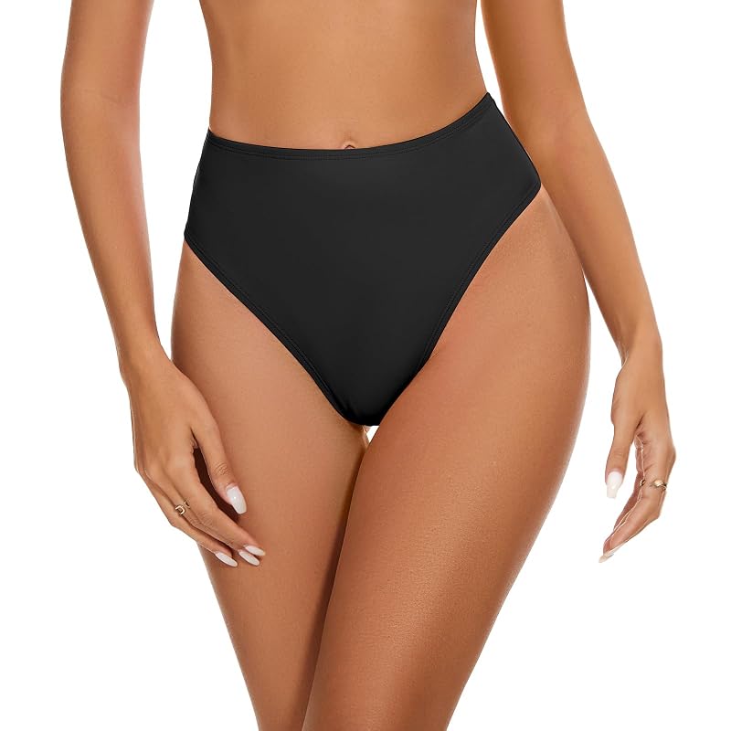 Genfirdom Black Large High-Waisted Thong Bikini Bottoms - High Cut Rave Swimwear