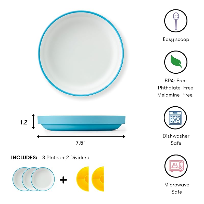 Omie Easy Scoop Toddler Plates with 2 Dividers - Blue (3 Plates + 2 Dividers) Variation: Blue
