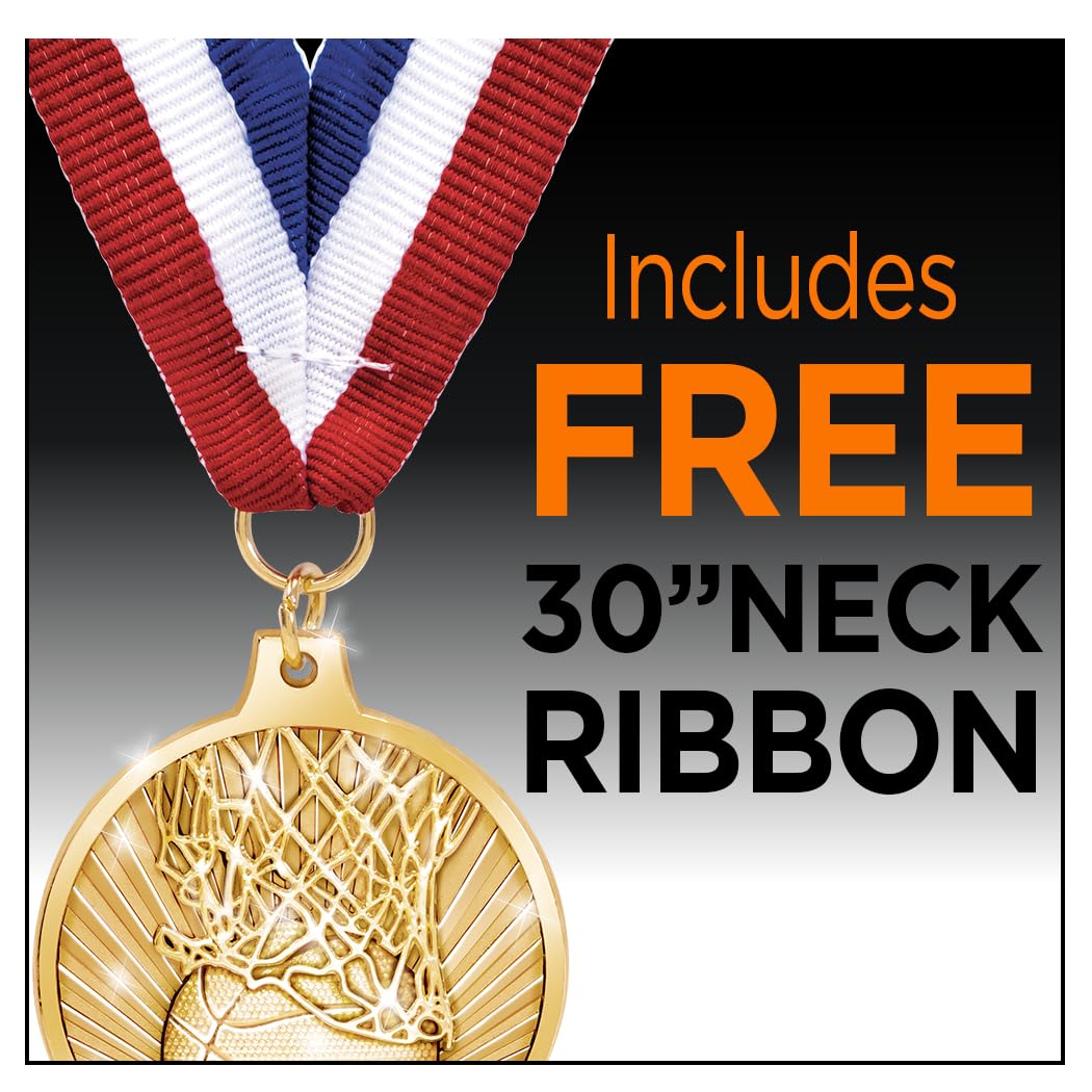 Basketball Medals, Gold Medals with Neck Ribbon, Basketball Gold Medal Awards for Basketball Teams, Tournaments, Leagues & Participation