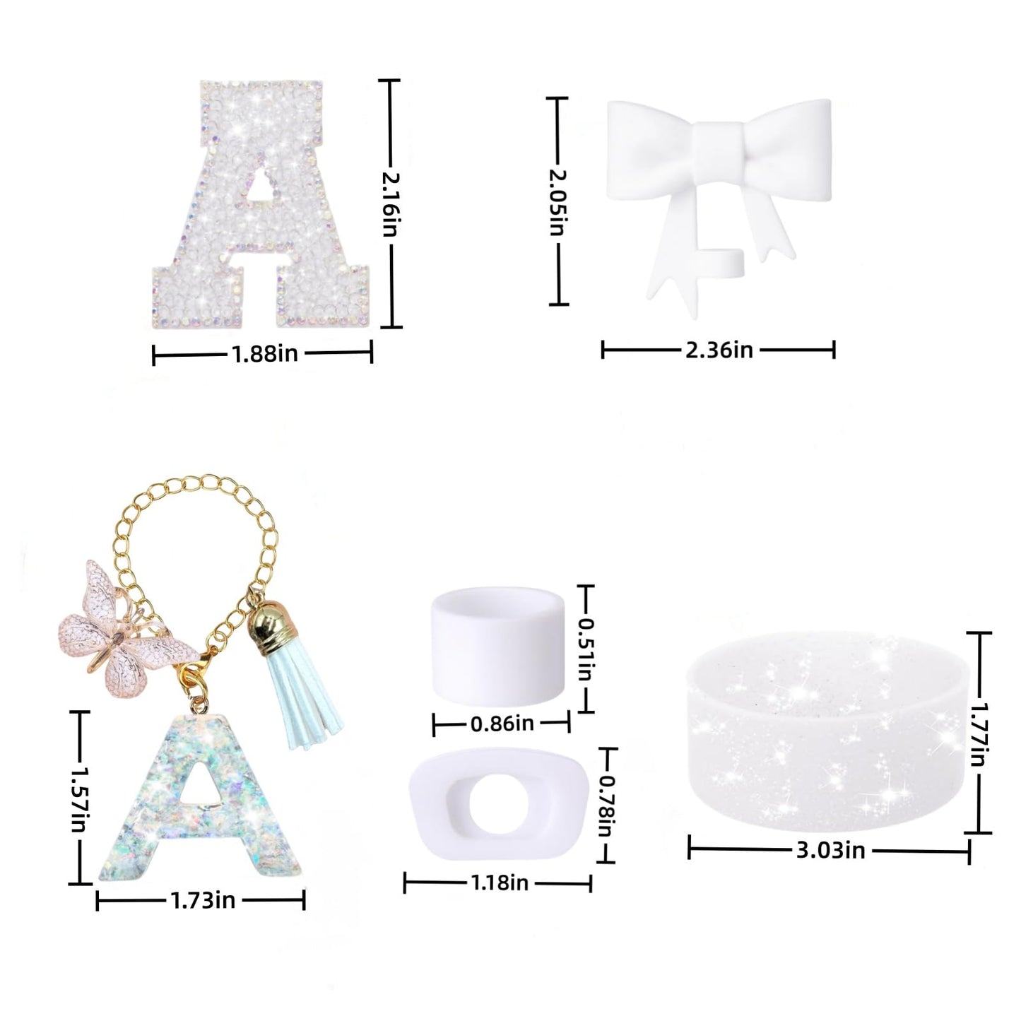 6PCS White Stanley Cup Accessories Set Fit for Stanley Cup 30oz 40oz. Including Handle Charm, Personalized Initial Sticker, Straw Topper, Sparkly Silicone Boot, Spill Proof Stopper