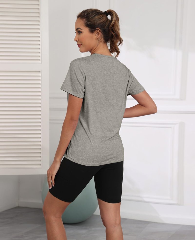Mazulun V Neck Workout Tops for Women UPF 50+ Breathable Loose Fit Short Sleeve Tee Shirt Yoga Gym Basic T Shirts Light Grey XL