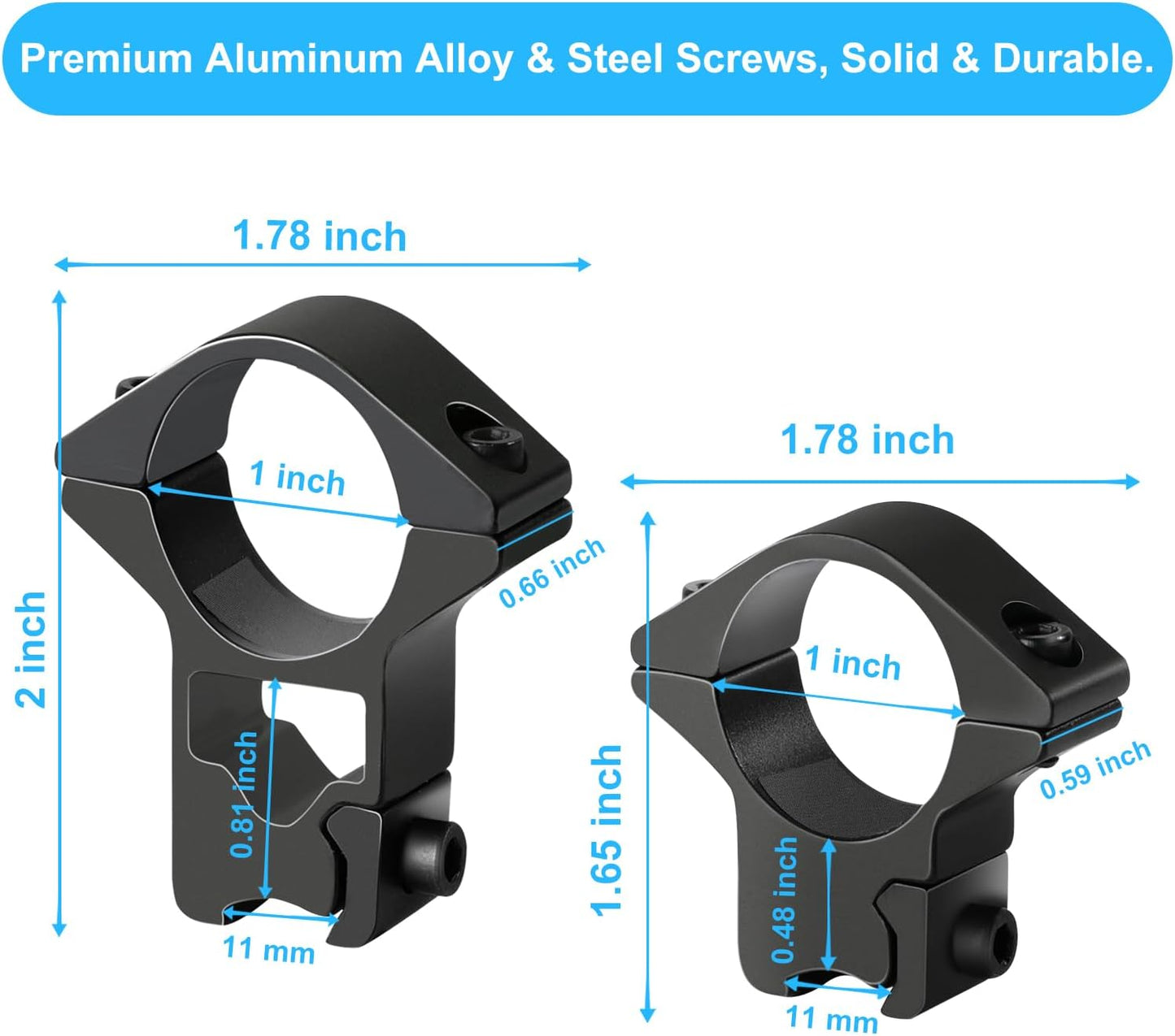 1'' Dovetail Scope Rings, 2 Pack High Profile or Medium Profile 1 Inch Scope Mount Rings for 11mm Dovetail Rails