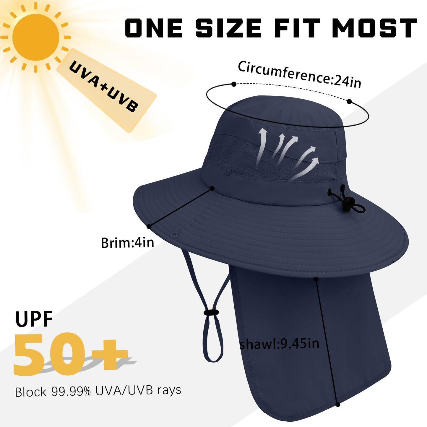 Sun Hats for Men Women, UPF50+ Protection Safari Hat,Wide Brim Fishing Hat with Neck Flap,Bucket Hats for Beach Hiking Navy