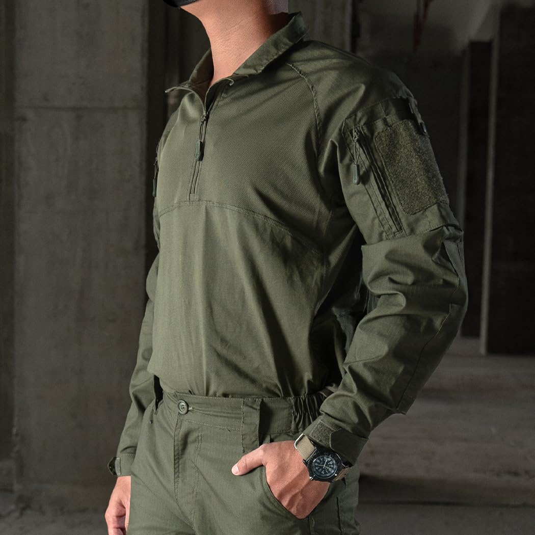 IDOGEAR Men’s Tactical Military Shirts 1/4 Zip Combat BDU Shirts Camo Long Sleeve with Pockets for Outdoor Airsoft Paintball(Ranger Green,Medium)