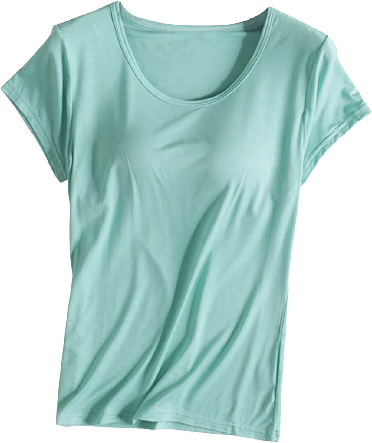 JiXiang Shirts with Built in Bras for Women Short Sleeves Crewneck Padded Tunics Tops Comfy Athletic Shelf Bra Active Tees