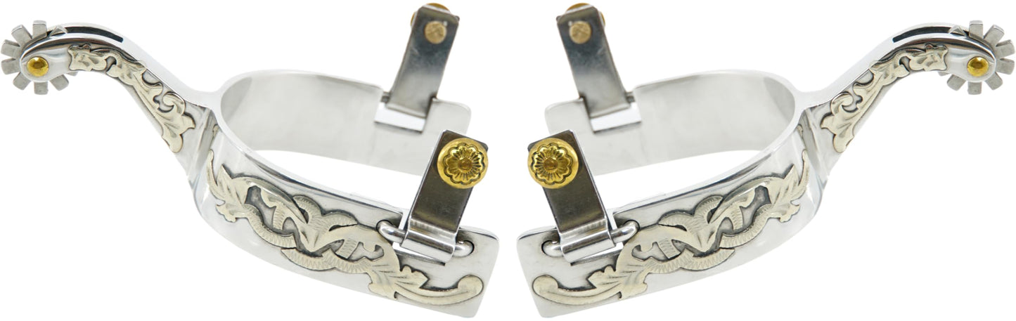 Jeereal Men's Western Stainless Steel Cowboy Spurs with Spur Straps, Engraved German Silver Trims,Iron 1" Band 2-1/4" Shank