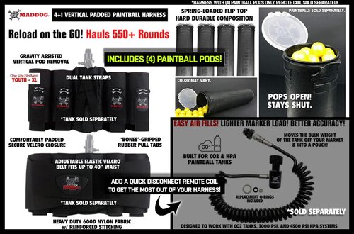 Maddog 4+1 Vertical Paintball Harness Pod Pack with (4) Paintball Pods | Pod Holder Belt with Pouch for up to 88ci. Paintball Tank Bottle | Remote Coil Compatible