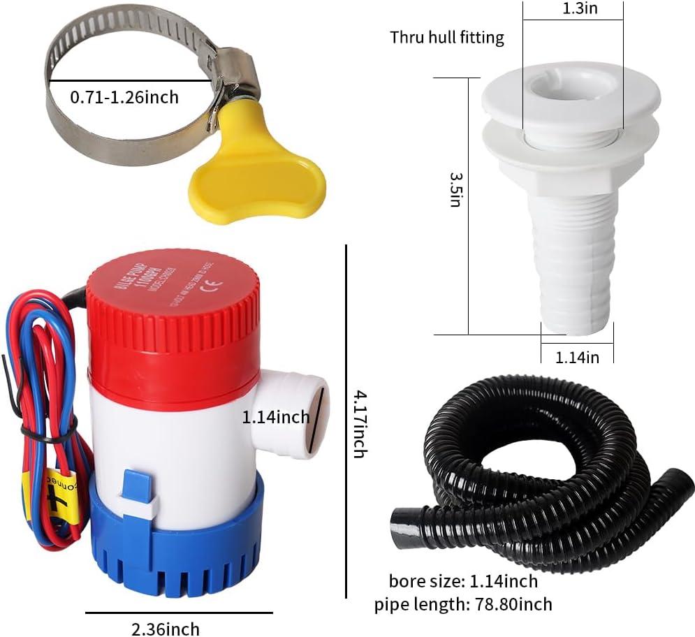 12v 1100GPH Boat Bilge Water Pump, 1-1/8 Inch Dia Bilge Pump Plumbing Kit, 6.5 FT Bilge Pump Hose, 2 Stainless Steel Clamps and Thru-Hull Fitting (Five-Piece)