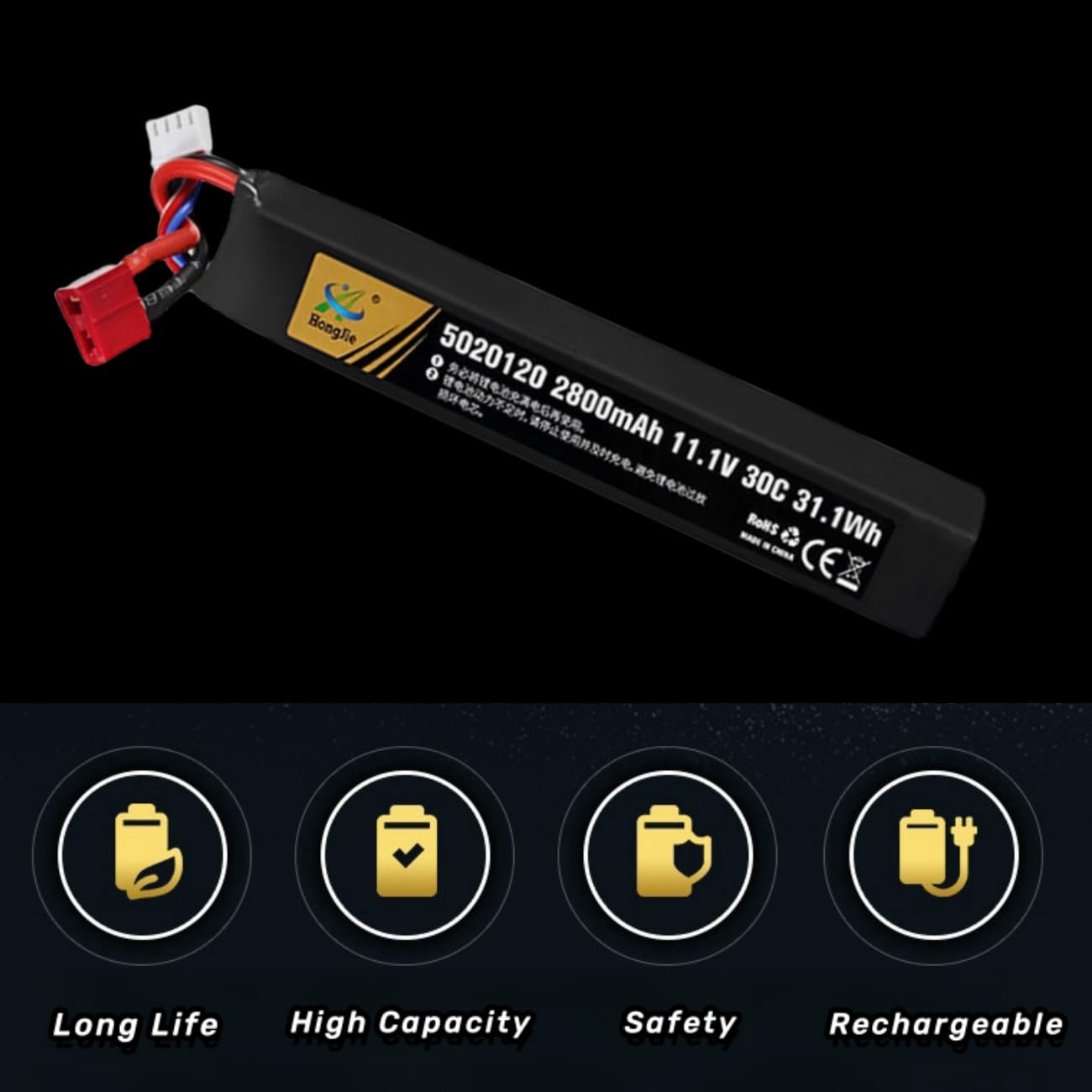 11.1V 2800mAh Airsoft Stick T Plug LiPo Battery 3S 30C Pack for Airsoft Guns AK47,MP5K,MP5,Scar,M249,AUG,AEG