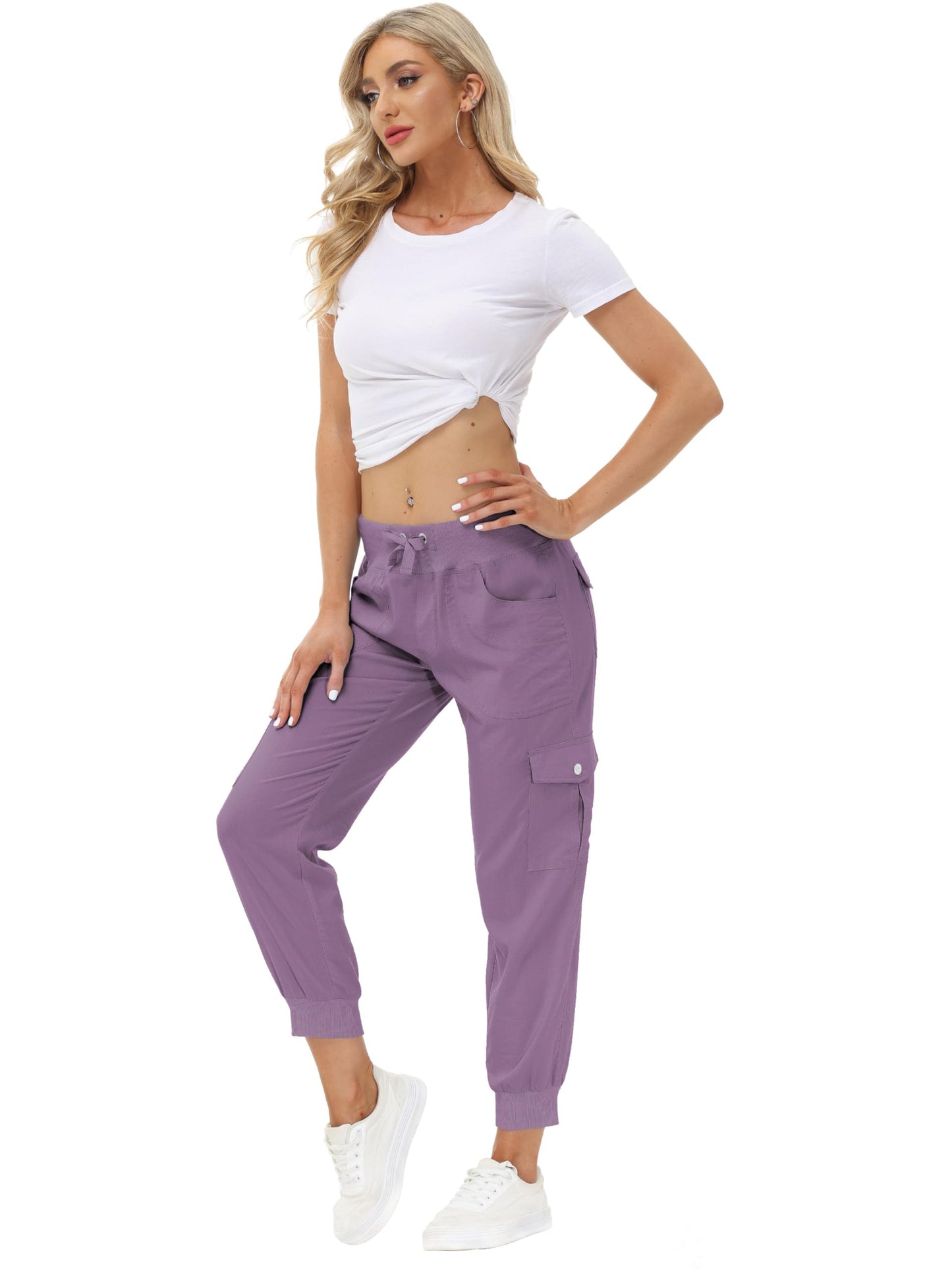 MoFiz Women Cargo Pants with Pockets Lightweight Outdoor Summer Travel Casual Hiking Pants Running Joggers Sweatpants Elastic Waist Light Purple S