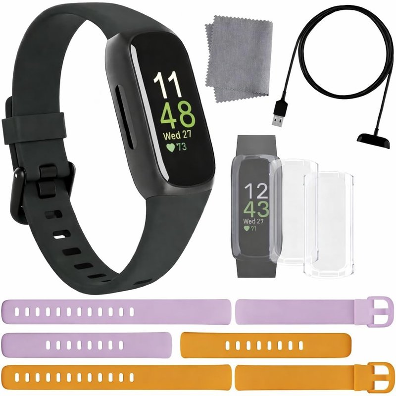 Fitbit Inspire 3 Health & Fitness Tracker Bundle - with Stress Management, Workout Intensity, Sleep Tracking, 24/7 Heart + 2 Silicone Bands, 2 Screen Protectors, Cleaning Cloth & Fast Charger