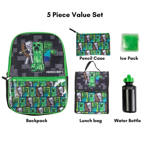 Minecraft Backpack Set with Lunch Box for Boys & Girls, 16 inch, 5 Piece Value Set