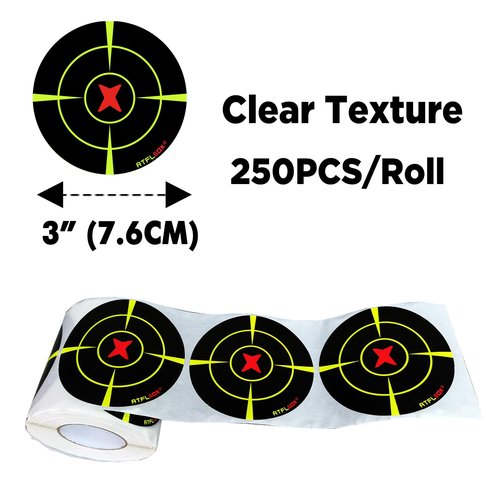 Atflbox Splatter Adhesive 3 inch Bullseye Fluorescent Yellow Shooting Target Stickers, 250 Self Adhesive Target Roll for BB Gun, Pellet Gun, Airsoft, Rifle Indoor and Outdoor Shooting Range