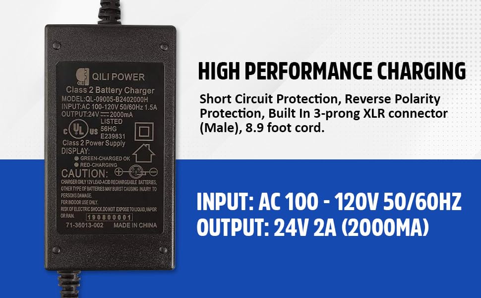 24V 2A Battery Charger for GoGo Mobility Scooter - Premium 24V 2000mA Quick Charger (3-Pin XLR Connector) for Drive Medical, Go-Go Elite Traveller, Jazzy Power Chair, Pride Mobility, ShopRider, Ezip