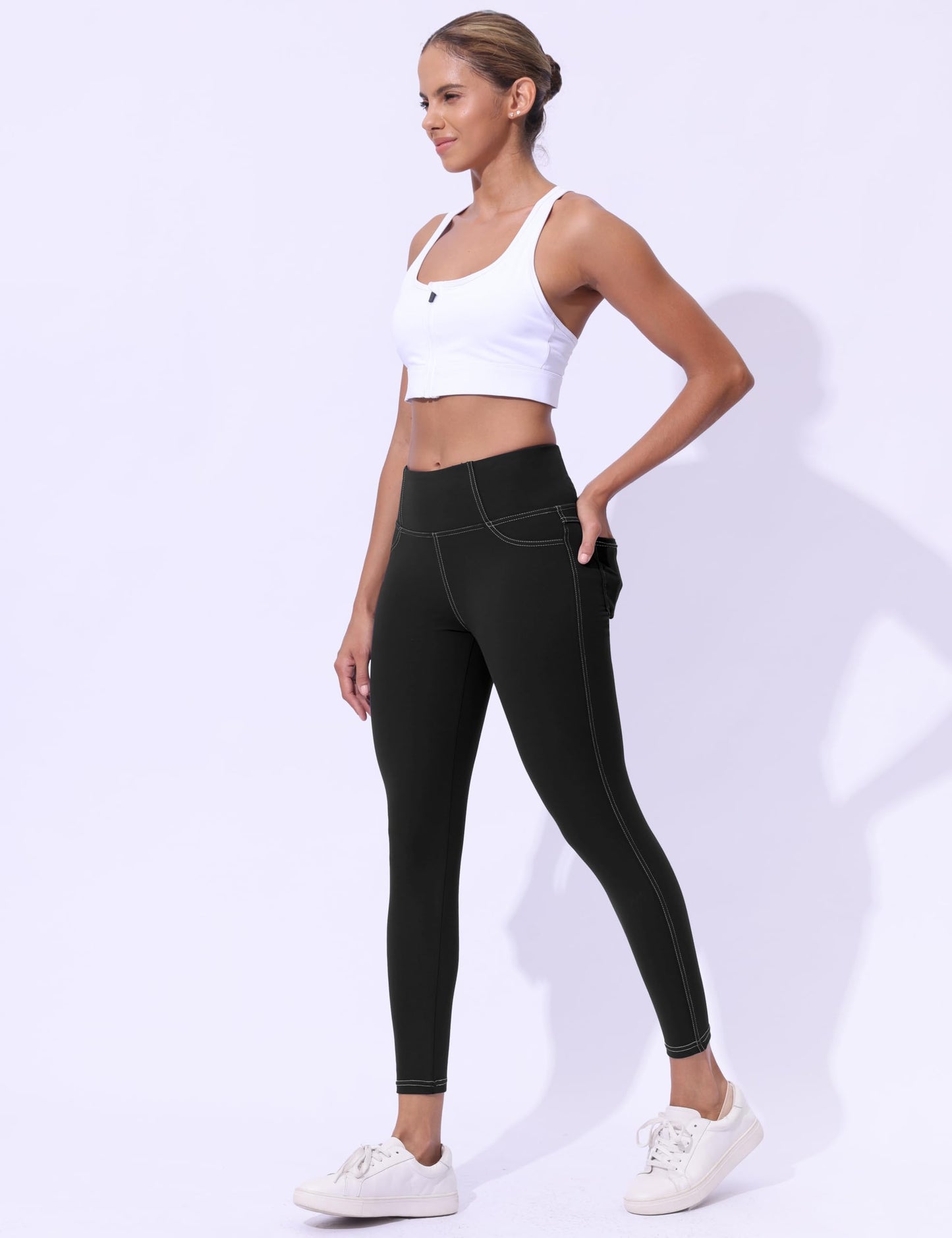VOOVEEYA Women's Yoga Pants with Back Pockets Tummy Control Leggings 25 in (25 in Black L-New)