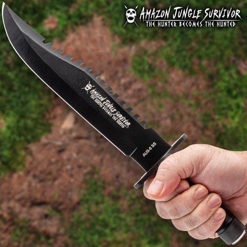 Black Jungle Hunter® Survival Knife | 8 1/2" Stainless Steel Blade | Sawback Edge | Cord-Wrapped Handle With Survial Kit | Built-In Compass | Includes Leather Sheath