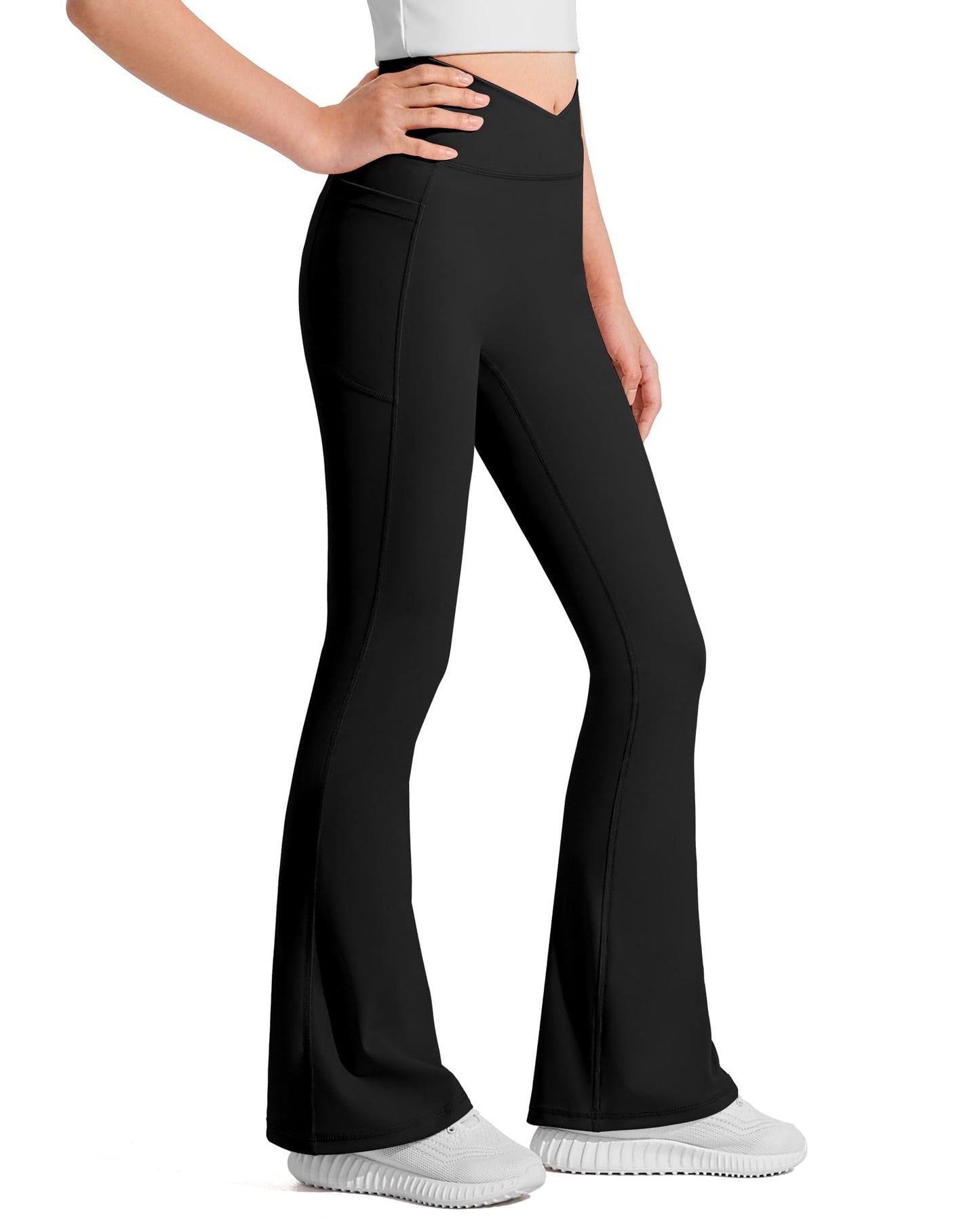 JOCMIC Girls Flare Leggings Kids Bell Bottom Pants Cross High Waisted Dance Yoga Flared Leggings Black 11-12 Years