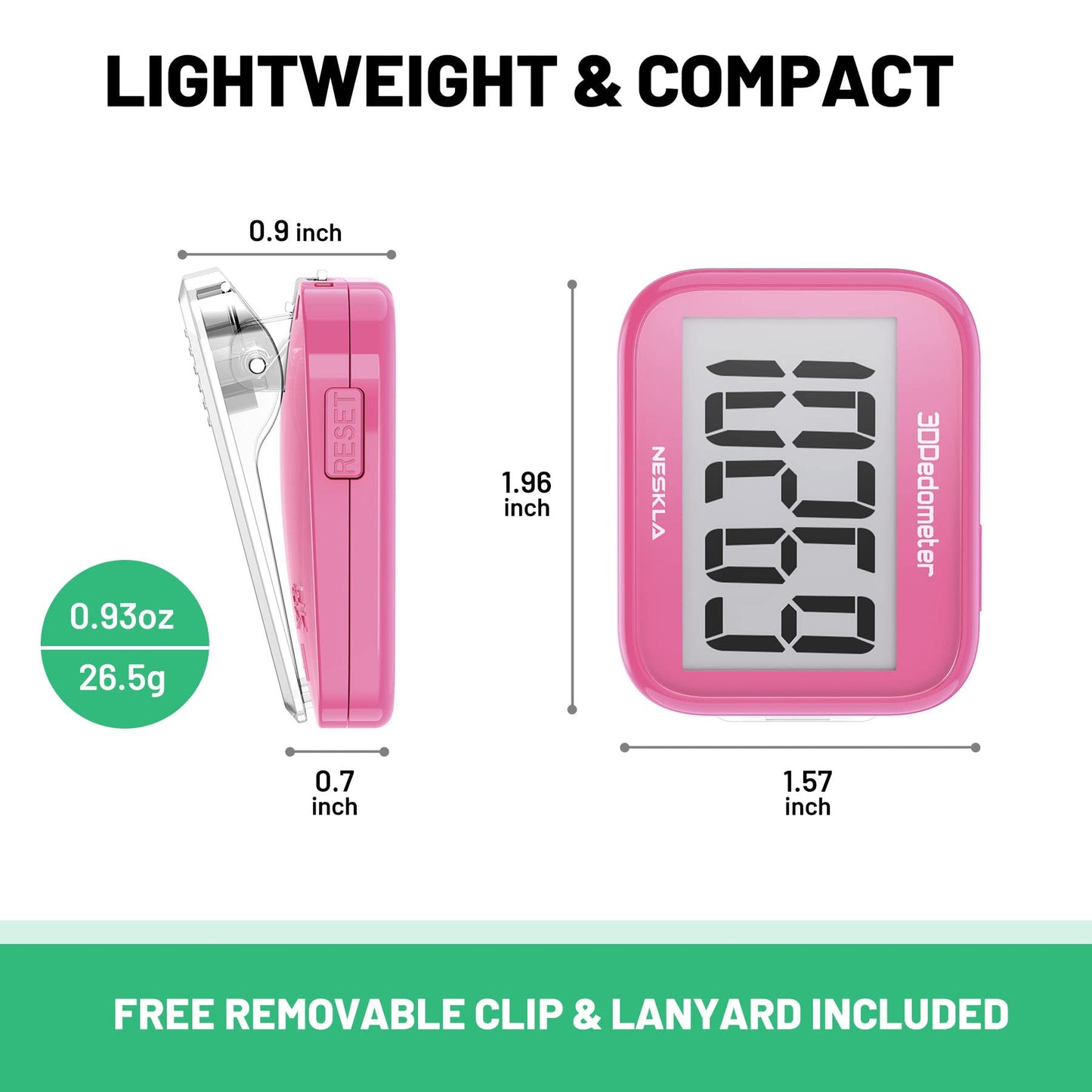 NESKLA 3D Pedometer for Walking, Simple Step Counter with Large Digital Display, Step Tracker with Removable Clip Lanyard, Accurately Track Steps for Men Women Kids Adults Seniors-Pink