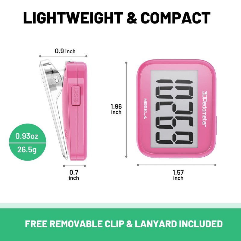 NESKLA 3D Pedometer for Walking, Simple Step Counter with Large Digital Display, Step Tracker with Removable Clip Lanyard, Accurately Track Steps for Men Women Kids Adults Seniors-Pink