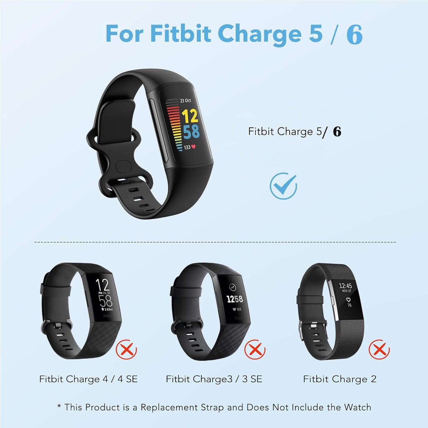 2 Pack Waterproof Bands Compatible with Fitbit Charge 5 / Fitbit Charge 6 for Women Men, Classic Soft Sports Replacement Wristbands for Women Men (Large 7.1''-9.1'', black/black)