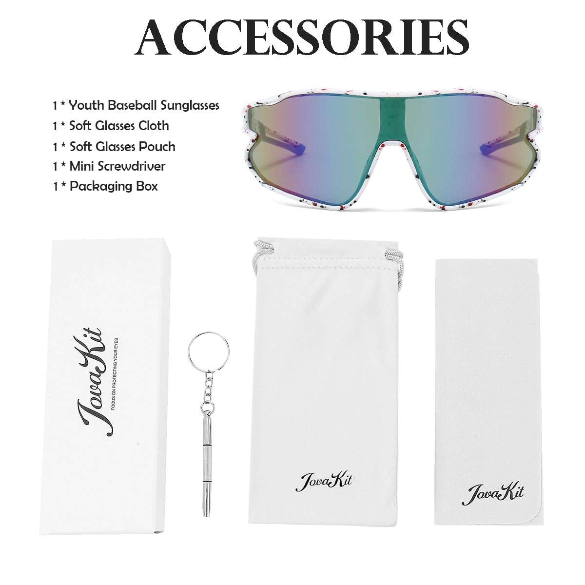 JOVAKIT Kids Baseball Sunglasses for Boys Girls Age 6-16, Youth Baseball Sun Glasses UV400 Sports Cycling Shades (White/Purple Mirror)
