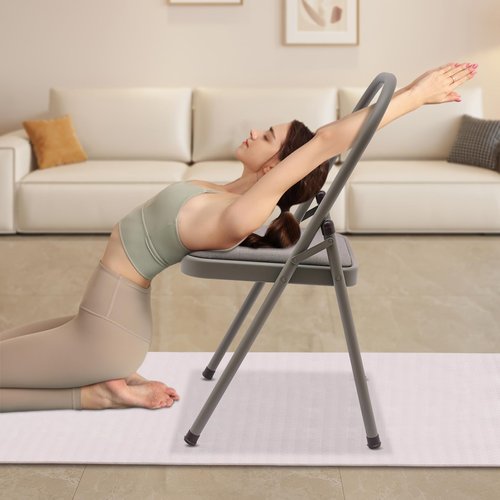 Yoga Auxiliary Chair Foldable Exercise Chair for Working Out, Heavy Duty Yoga Chair for Seniors and Adults Balance Training and and Stress Relief, 243lbs Load, Grey