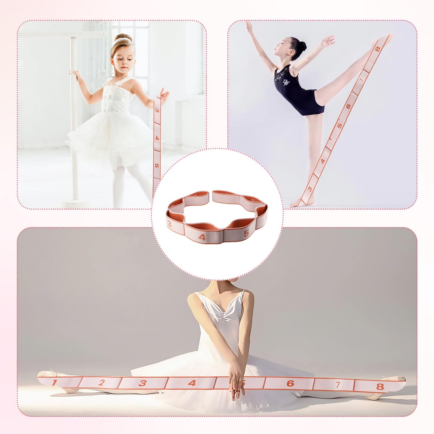 2 Pcs Stretch Bands for Flexibility, Resistance Kids Ballet Dance Exercise Band Stuff Adjustable Stretching Yoga Straps with 8 Loops for Children's Pilates Latin Yoga Equipment (Light Pink)