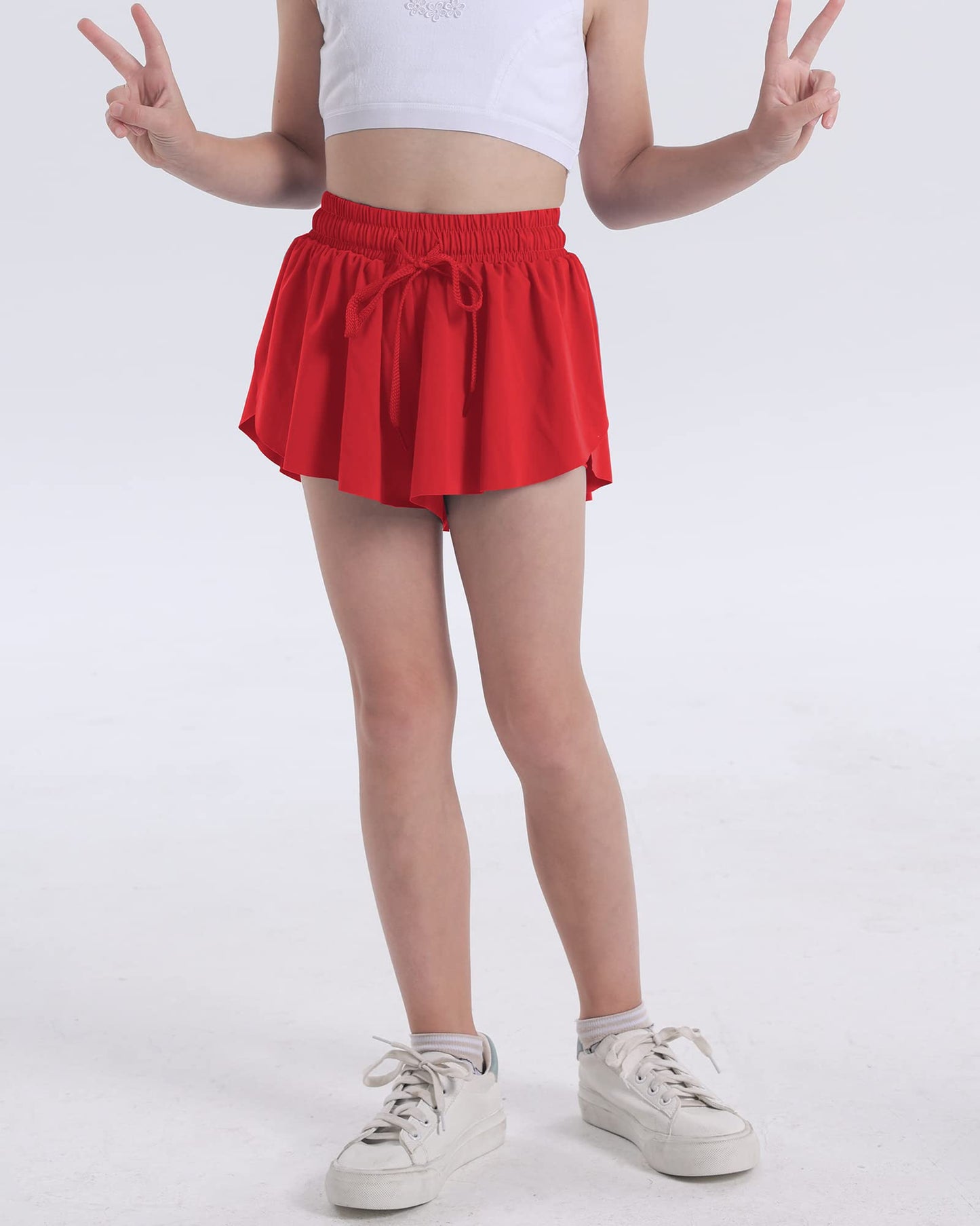 KEREDA Girls Flowy Shorts,Butterfly Shorts for Teen Girls with Spandex Liner 2-in-1 for Running,Gym,Athletic,Workout 1 Pack 9-10Y (Red)