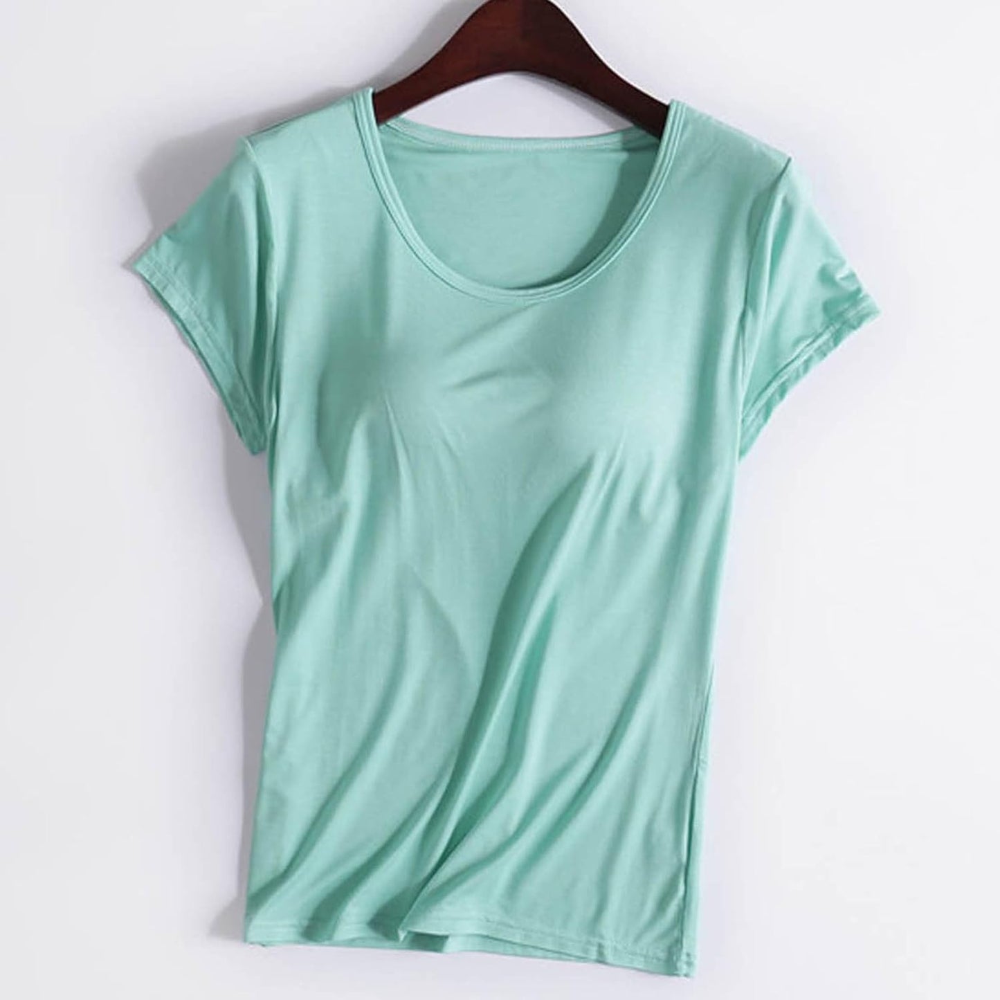 JiXiang Shirts with Built in Bras for Women Short Sleeves Crewneck Padded Tunics Tops Comfy Athletic Shelf Bra Active Tees