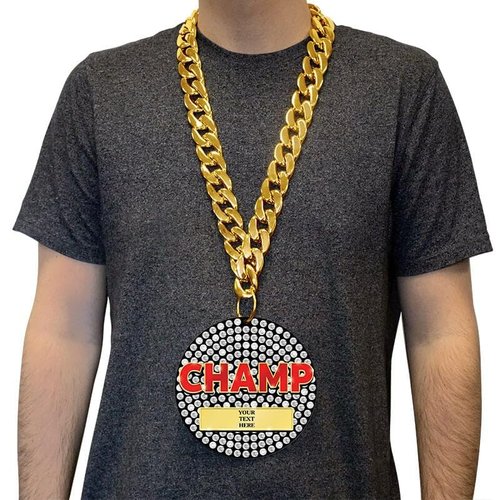 Crown Awards 6" Customizable Printed Rhinestone Champion Black Acrylic Medal Award On Gold Tone Chain