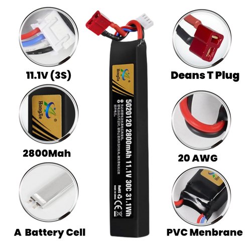 11.1V 2800mAh Airsoft Stick T Plug LiPo Battery 3S 30C Pack for Airsoft Guns AK47,MP5K,MP5,Scar,M249,AUG,AEG