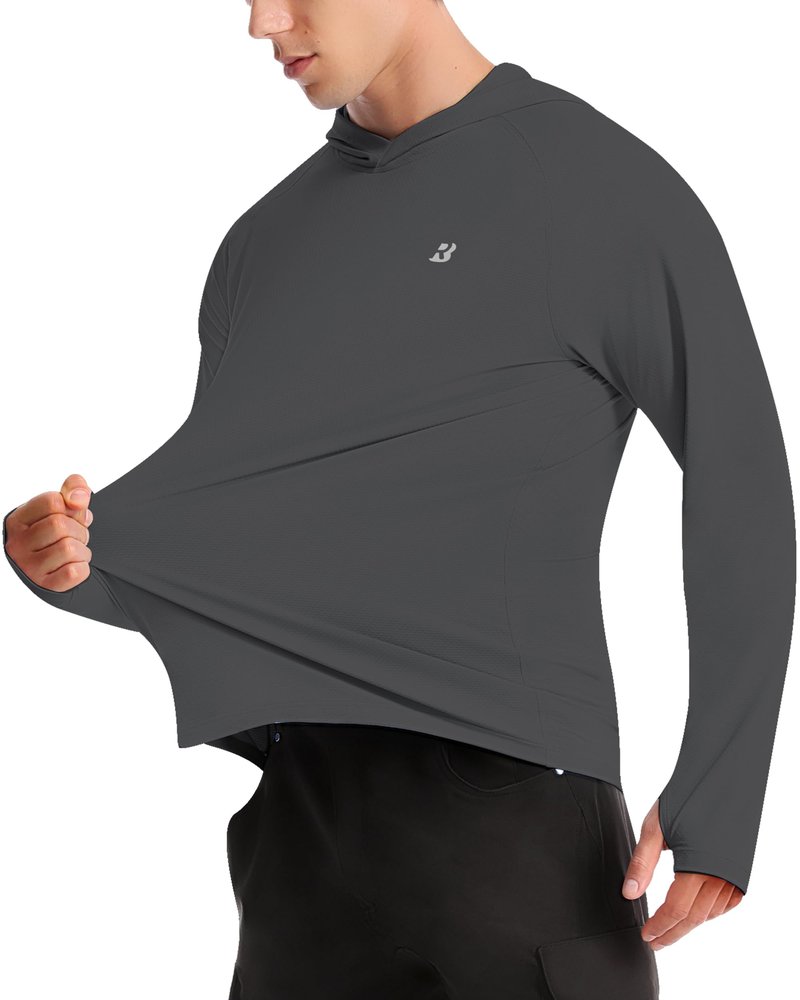 Roadbox Mens Sun Protection Shirts, UPF 50+ Long Sleeve Fishing Shirt with Hood, Lightweight UV SPF Hiking Running Workout Athletic Rash Guard Quick Dry Dark Gray