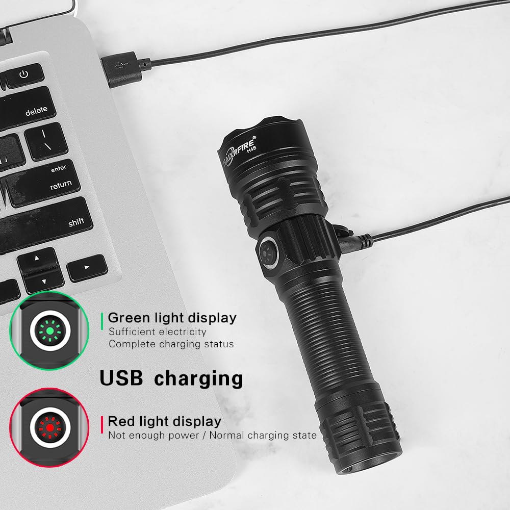 haixnfire Tactical Flashlight Type-C USB Rechargeable 6000 lumens Zoomable LED Waterproof flashlights with Pressure Switch Picatinny Rial Light