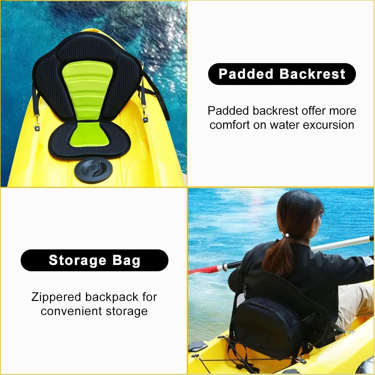 Kayak Seat Universal Padded Canoe Seat with High Back Support,Adjustable Straps & Detachable Storage Bag,Comfortable Backrest for Fishing Boats,Paddleboards,Kayaks & SUPs (Green)