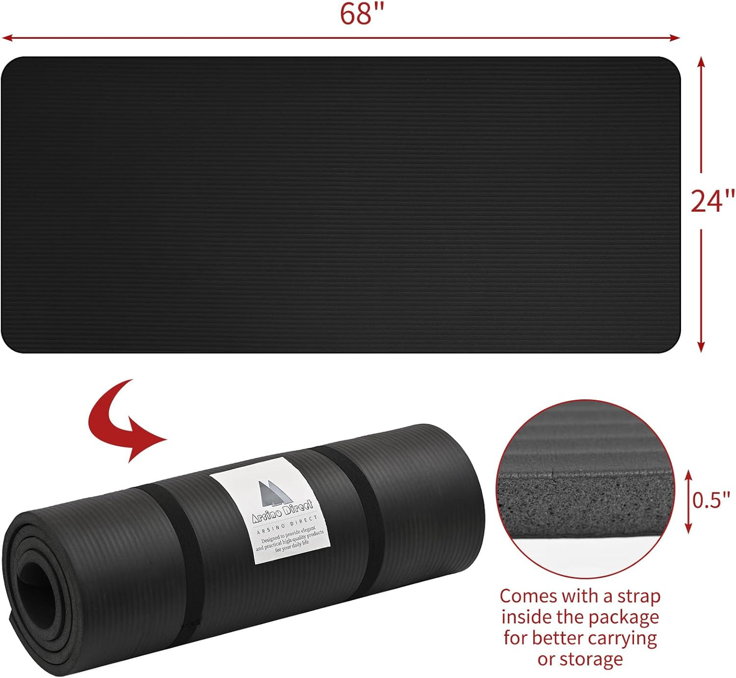 1/2 Inch Thickness Exercise Mat, Anti-Tear and Anti-slip Exercise Yoga Mat High Density with Carrying Strap, Suitable for Various Exercises Indoor and Outdoor