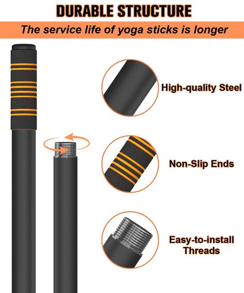 Queension 5 ft Yoga Stick Sturdy Steel, Portable Mobility Stick with Non-Slip Handle for Posture Correction, Balance, Physical Therapy, Exercise Stick with 4 Steel Rods for Stretching, Flexibility