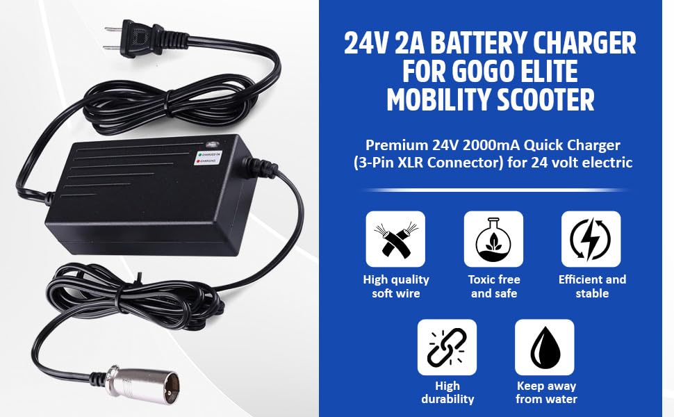 24V 2A Battery Charger for GoGo Mobility Scooter - Premium 24V 2000mA Quick Charger (3-Pin XLR Connector) for Drive Medical, Go-Go Elite Traveller, Jazzy Power Chair, Pride Mobility, ShopRider, Ezip