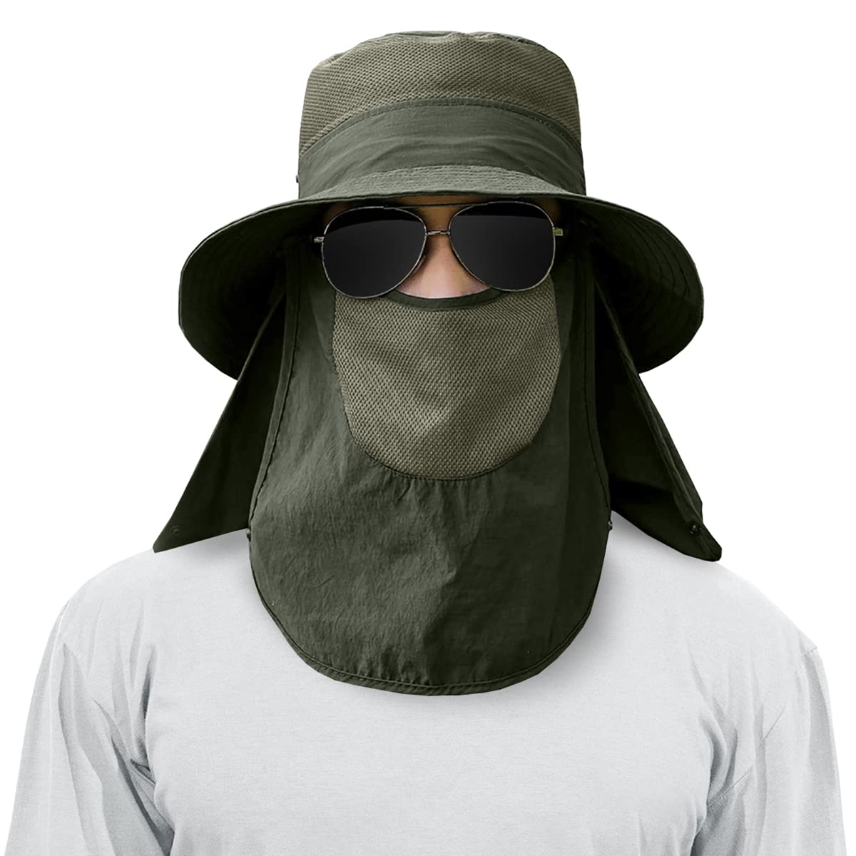 3 Pack Mens Outdoor Wide Brim Fishing Hat,UPF 50+ Sun Protection Cap with Face Neck Flap for Hiking & Garden
