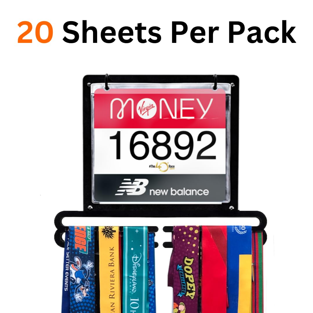 Race Bib Medal Display Sheets 20 Pack - Vinyl Sheet Protector - Vinyl Bib Pouches - Race Bib Covers - Running Bib Portfolio - Run Bib Holder - Running Bibs Sheets - Bib Vinyl - by Vorlich