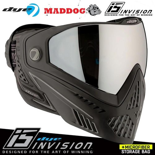 Maddog Dye i5 Thermal Dual-Pane Anti-Fog Lens Paintball Airsoft Mask Goggle System Combo with Microfiber Storage Bag | High Performance Safety Certified Protection - Onyx - Black/Grey