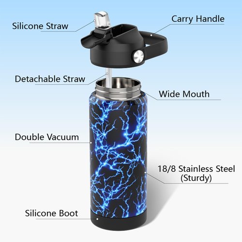 Boys Water Bottle with Straw,18 oz Kids Insulated Cups with Stainless Steel Leak Proof for School,Sport&Travel(Lightning)